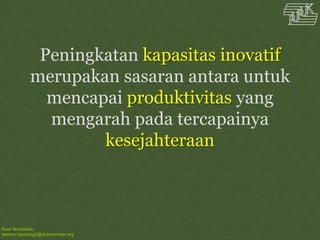 Kawi Boedisetio
telebiro.bandung0@clubmember.org
Peningkatan kapasitas inovatif
merupakan sasaran antara untuk
mencapai produktivitas yang
mengarah pada tercapainya
kesejahteraan
 