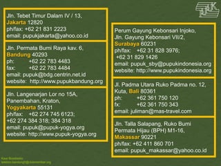 Kawi Boedisetio
telebiro.bandung0@clubmember.org
Jln. Tebet Timur Dalam IV / 13,
Jakarta 12820
ph/fax: +62 21 831 2223
email: pupukjakarta@yahoo.co.id
Jln. Permata Bumi Raya kav. 6,
Bandung 40293
ph: +62 22 783 4483
fax: +62 22 783 4484
email: pupuk@bdg.centrin.net.id
website: http://www.pupukbandung.org
Jln. Langenarjan Lor no 15A,
Panembahan, Kraton,
Yogyakarta 55131
ph/fax: +62 274 745 6123;
+62 274 384 318; 384 318
email: pupuk@pupuk-yogya.org
website: http://www.pupuk-yogya.org
Perum Gayung Kebonsari Injoko,
Jln. Gayung Kebonsari VII/2,
Surabaya 60231
ph/fax: +62 31 828 3976;
+62 31 829 1426
email: pupuk_sby@pupukindonesia.org
website: http://www.pupukindonesia.org
Jl. Padma Utara Ruko Padma no. 12,
Kuta, Bali 80361
ph: +62 361 750 120
fx: +62 361 750 343
email: juliman@mas-travel.com
Jln. Talla Salapang, Ruko Bumi
Permata Hijau (BPH) M1-16,
Makassar 90221
ph/fax: +62 411 860 701
email: pupuk_makassar@yahoo.co.id
 