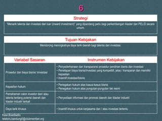 Kawi Boedisetio
telebiro.bandung0@clubmember.org
6
”Menarik talenta dan investasi dari luar (inward investment)” yang dipandang perlu bagi perkembangan klaster dan PEL/D secara
umum.
Mendorong meningkatnya daya tarik daerah bagi talenta dan investasi.
Strategi
Tujuan Kebijakan
Prosedur dan biaya bisnis/ inivestasi
Variabel Sasaran Instrumen Kebijakan
• Penyederhanaan dan transparansi prosedur pendirian bisnis dan investasi
• Penetapan biaya bisnis/investasi yang kompetitif, jelas / transparan dan memiliki
kepastian
• Insentif investasi/bisnis
• Penegakan hukum atas kasus-kasus bisnis
• Penegakan hukum atas pungutan-pungutan tak resmi
Kepastian hukum
Pemahaman calon investor dan/ atau
talenta tentang potensi daerah dan
klaster industri terkait
• Penyediaan informasi dan promosi daerah dan klaster industri
• Insentif khusus untuk kerjasama dan / atau investasi tertentuDaya tarik khusus
 