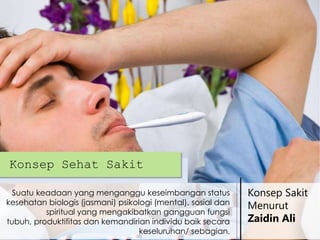 Konsep Sehat Sakit
Suatu keadaan yang menganggu keseimbangan status
kesehatan biologis (jasmani) psikologi (mental), sosial dan
spiritual yang mengakibatkan gangguan fungsi
tubuh, produktifitas dan kemandirian individu baik secara
keseluruhan/ sebagian.

Konsep Sakit
Menurut
Zaidin Ali

 