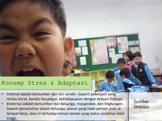 Konsep Stres & Adaptasi
• Internal adalah bersumber dari diri sendiri. Seperti pekerjaan yang
terlalu berat, kondisi keuangan, ketidakpuasan dengan kedaan fisiknya.
• Eksternal adalah bersumber dari keluarga, masyarakat, dan lingkungan.
Seperti perselisihan dalam keluarga, atasan yang tidak pernah puas di
tempat kerja, atau iri terhadap teman-teman yang status sosialnya lebih
tinggi.

Sumber
Stressor

 