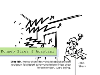 Konsep Stres & Adaptasi
Stres fisik, merupakan stres yang disebabkan oleh
keadaan fisik seperti suhu yang terlalu tinggi atau
terlalu rendah, suara bising,

Jenis
Stress

 