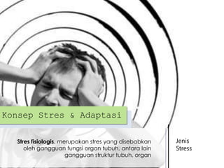 Konsep Stres & Adaptasi
Stres fisiologis, merupakan stres yang disebabkan
oleh gangguan fungsi organ tubuh, antara lain
gangguan struktur tubuh, organ

Jenis
Stress

 