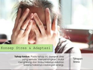 Konsep Stres & Adaptasi
Tahap kedua. Pada tahap ini, dampak stres
yang semula ‘menyenangkan’ mulai
menghilang dan timbul keluhan-keluhan
karena habisnya cadangan energi.

Tahapan
Stress

 