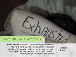 Konsep Stres & Adaptasi
Tahap kelima. Tahap ini ditandai dengan kelelahan
fisik yang sangat, tidak mampu menyelesaikan
pekerjaan ringan dan sederhana, gangguan pada
sistem pencernaan semakin berat, serta semakin
meningkatnya rasa takut dan cemas

Tahapan
Stress

 