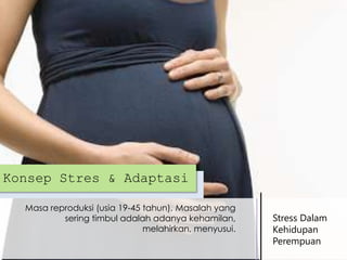 Konsep Stres & Adaptasi
Masa reproduksi (usia 19-45 tahun). Masalah yang
sering timbul adalah adanya kehamilan,
melahirkan, menyusui.

Stress Dalam
Kehidupan
Perempuan

 