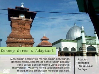 Konsep Stres & Adaptasi
Merupakan cara untuk mengadakan perubahan
dengan melakukan proses penyesuaian perilaku
yang sesuai dengan norma yang berlaku di
masyarakat. Misalnya ketika saudara memasuki
masjid, maka diharuskan melepas alas kaki.

Adaptasi
Terhadap
Stress Sosial
Budaya

 