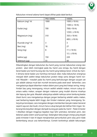6
Modul Pendidikan Jarak Jauh, Pendidikan Tinggi Kesehatan Prodi Keperawatan
Pendahuluan		Uraian Materi		Rangkuman		Test Formatif	
Kebutuhan mineral selama hamil dapat dilihat pada tabel berikut :
PRA HAMIL HAMIL
Kalsium (mg)* AI
 
Fosfat (mg)
 
Magnesium (mg)
 
Fluoride (mg)* AI
Besi (mg)
Seng (mg)
 
Iodine (µg)
Selenium (µg)
1000
 
700
 
310
 
3
18
8
 
150
55
1000 (>18 th)
1300 (≤ 18 th)
700(>18 th)
1250 ( ≤18 th)
350 (>18 th)
400 ( ≤18 th)
3
27
11 (>18 th)
12 ( ≤18 th)
220
60
Dibandingkan dengan kebutuhan ibu hamil yang normal, kebutuhan energi dan
protein akan lebih meningkat pada ibu hamil usia remaja, ibu hamil dengan
berat badan pra hamil kurang dan ibu hamil yang bekerja berat. Untuk ibu ham-
il dimana berat badan pra hamilnya termasuk obes maka kebutuhan energinya
menjadi lebih sedikit tetapi kebutuhan protein tetap sama dengan hamil nor-
mal. Masalah – masalah pada ibu hamil yang berhubungan dengan asupan zat
gizi adalah adanya mual dan muntah terutama pada awal-awal kehamilan, cara
mengatasinya dapat diberikan makan dalam porsi yang kecil tetapi sering, meng-
hindari bau yang merangsang, minum sedikit setelah makan, minum cukup di-
antara waktu makan, sarapan dengan makanan yang mudah dicerna misalnya
dari tepung dan gula. Masalah selanjutnya adalah naiknya cairan lambung keatas
(heart burn) cara mengatasinya dengan jangan berbaring setelah waktu makan,
saat berbaring kepala lebih tinggi, dan hindari makanan yang merangsang. Se-
lanjutnya konstipasi, cara mengatasi dengan memberikan banyak makan berserat
seperti sayuran dan buah, minum harus cukup banyak dan latihan fisik ringan. Se-
karang kita lanjutkan dengan dampak kurang gizi pada ibu hamil : Pada trimester
I dikaitkan dengan tingginya kejadian bayi lahir prematur, kematian janin, dan
kelainan pada sistem saraf pusat bayi. Sedangkan kekurangan energi yang terjadi
pada trimester II dan III dapat menghambat pertumbuhan janin atau janin tidak
berkembang sesuai usia kehamilannya. Contoh konkretnya adalah kekurangan
 