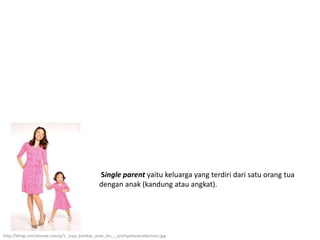 Single parent yaitu keluarga yang terdiri dari satu orang tua
dengan anak (kandung atau angkat).
http://klimg.com/vemale.com/p/1._baju_kembar_anak_ibu_-_prettypleasecollections.jpg
 