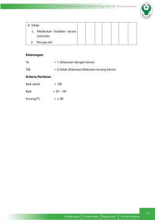 13
Modul Pendidikan Jarak Jauh, Pendidikan Tinggi Kesehatan Prodi Keperawatan
Pendahuluan	 Uraian Materi	 Rangkuman	 Format Penilaian
d.	Sikap:
1.	 Melakukan tindakan secara
sistimatis
2.	 Percaya diri
	
Keterangan:
Ya	 		 = 1 (dilakukan dengan benar)
Tdk 			 = 0 (tidak dilakukan/dilakukan kurang benar)
Kriteria Penilaian:
Baik sekali		 = 100
Baik 		 = 81 – 99
Kurang/TL		 = ≤ 80
 