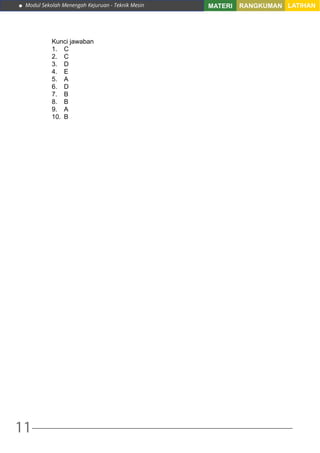 Modul Sekolah Menengah Kejuruan - Teknik Mesin
11
MATERI RANGKUMAN LATIHAN
Kunci jawaban
1.	C
2.	C
3.	D
4.	E
5.	A
6.	D
7.	B
8.	B
9.	A
10.	B
 