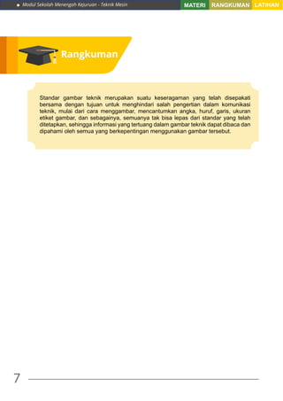 Modul Sekolah Menengah Kejuruan - Teknik Mesin
7
MATERI RANGKUMAN LATIHAN
Rangkuman
Standar gambar teknik merupakan suatu keseragaman yang telah disepakati
bersama dengan tujuan untuk menghindari salah pengertian dalam komunikasi
teknik, mulai dari cara menggambar, mencantumkan angka, huruf, garis, ukuran
etiket gambar, dan sebagainya, semuanya tak bisa lepas dari standar yang telah
ditetapkan, sehingga informasi yang tertuang dalam gambar teknik dapat dibaca dan
dipahami oleh semua yang berkepentingan menggunakan gambar tersebut.
 