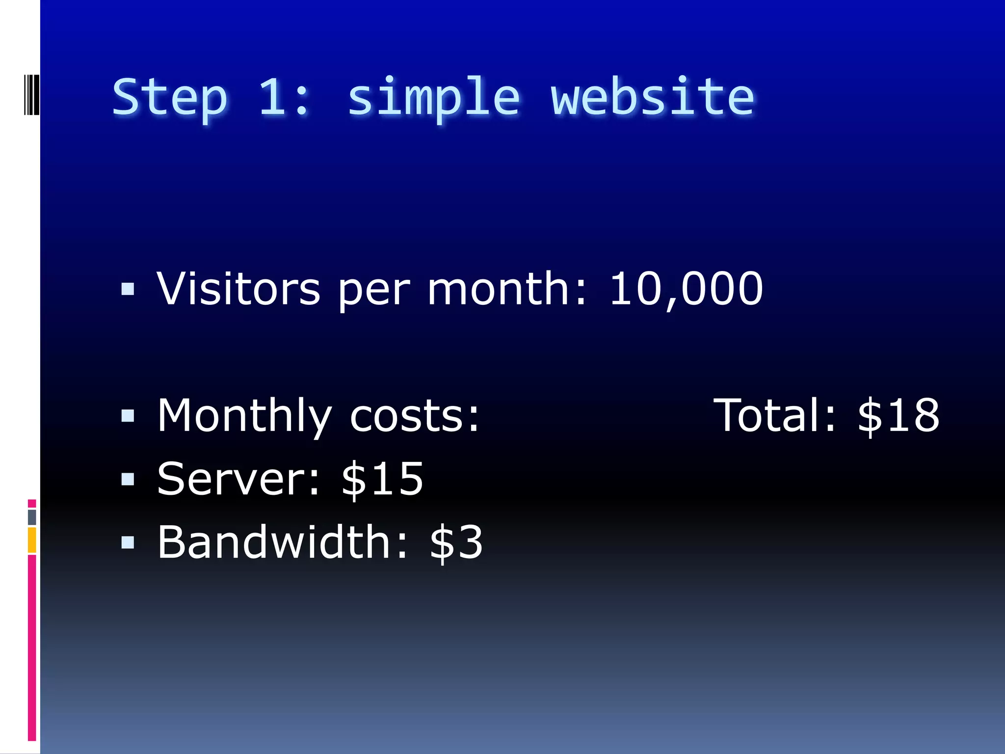 Step 1: simple website


 Visitors per month: 10,000

 Monthly costs:         Total: $18
 Server: $15
 Bandwidth: $3
 
