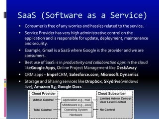 SaaS (Software as a Service)
 Consumer is free of any worries and hassles related to the service.
 Service Provider has very high administrative control on the
   application and is responsible for update, deployment, maintenance
   and security.
 Example, Gmail is a SaaS where Google is the provider and we are
   consumers.
 Best use of SaaS is in productivity and collaboration apps in the cloud
   likeGoogle Apps, Online Project Management like DeskAway
 CRM apps – Impel CRM, Salesforce.com, Microsoft Dynamics
 Storage and Sharing services like Dropbox, Skydrive(windows
   live), Amazon S3, Google Docs
 
