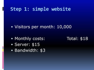 Step 1: simple website


 Visitors per month: 10,000

 Monthly costs:         Total: $18
 Server: $15
 Bandwidth: $3
 