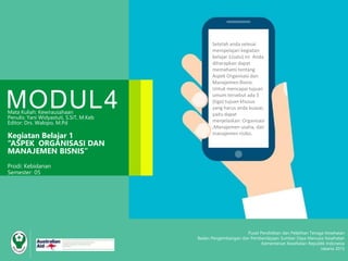 Pusat Pendidikan dan Pelatihan Tenaga Kesehatan
Badan Pengembangan dan Pemberdayaan Sumber Daya Manusia Kesehatan
Kementerian Kesehatan Republik Indonesia
Jakarta 2015
MODUL4Mata Kuliah: Kewirausahaan
Penulis: Yani Widyastuti, S.SiT, M.Keb
Editor: Drs. Walopo, M.Pd
Kegiatan Belajar 1
“ASPEK ORGANISASI DAN
MANAJEMEN BISNIS”
Prodi: Kebidanan
Semester: 05
Setelah anda selesai
mempelajari kegiatan
belajar 1(satu) ini Anda
diharapkan dapat
memahami tentang
Aspek Organisasi dan
Manajemen Bisnis.
Untuk mencapai tujuan
umum tersebut ada 3
(tiga) tujuan khusus
yang harus anda kuasai,
yaitu dapat
menjelaskan: Organisasi
,Manajemen usaha, dan
manajemen risiko.
 