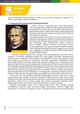 Modul Pendidikan Jarak Jauh Pendidikan Tinggi Kesehatan
3
Uraian
Materi
Agar memudahkan Anda memahami materi ini, kami akan menguraikan materi ini ke
dalam tujuh bagian seperti di bawah ini.
1.	 Pengertian dan Dasar-Dasar Pewarisan Mendel
	 Hukum Mendel merupakan teori yang dikemukakan
oleh bapak genetika Gregor Mendel yang mengemukakan
tentang prinsip-prinsip penurunan sifat pada organisme.
Bahwa sifat menurun dibawa oleh faktor penentu(gen) dan
ditentukan oleh separuh induk jantan(sperma) dan separuh
dari induk betina(ovum).
Seorang biarawan dari Austria, bernama Gregor Johann
Mendel,menjelangakhirabadke-19melakukanserangkaian
percobaan persilangan pada kacang ercis (Pisum sativum).
Dari percobaan yang dilakukannya selama bertahun-
tahun tersebut, Mendel berhasil menemukan prinsip-
prinsip pewarisan sifat, yang kemudian menjadi landasan
utama bagi perkembangan genetika sebagai suatu cabang
ilmu pengetahuan. Berkat karyanya inilah, Mendel diakui
sebagai Bapak Genetika.
		 Mendel memilih kacang ercis sebagai bahan percobaannya, terutama karena
tanaman ini memiliki beberapa pasang sifat yang sangat mencolok perbedaannya,
misalnya warna bunganya mudah sekali untuk dibedakan antara yang ungu dan yang
putih. Selain itu, kacang ercis merupakan tanaman yang dapat menyerbuk sendiri,
dan dengan bantuan manusia, dapat juga menyerbuk silang. Hal ini disebabkan oleh
adanya bunga sempurna, yaitu bunga yang mempunyai alat kelamin jantan dan betina.
Pertimbangan lainnya adalah bahwa kacang ercis memiliki daur hidup yang relatif pendek,
serta mudah untuk ditumbuhkan dan dipelihara. Mendel juga beruntung, karena secara
kebetulan kacang ercis yang digunakannya merupakan tanaman diploid (mempunyai
dua perangkat kromosom). Seandainya ia menggunakan organisme poliploid, maka ia
tidak akan memperoleh hasil persilangan yang sederhana dan mudah untuk dianalisis.
	 Pada salah satu percobaannya Mendel menyilangkan tanaman kacang ercis yang
tinggi dengan yang pendek. Tanaman yang dipilih adalah tanaman galur murni, yaitu
tanaman yang kalau menyerbuk sendiri tidak akan menghasilkan tanaman yang berbeda
dengannya. Dalam hal ini tanaman tinggi akan tetap menghasilkan tanaman tinggi.
Begitu juga tanaman pendek akan selalu menghasilkan tanaman pendek.
	 Dengan menyilangkan galur murni tinggi dengan galur murni pendek, Mendel
mendapatkan tanaman yang semuanya tinggi. Selanjutnya, tanaman tinggi hasil
persilangan ini dibiarkan menyerbuk sendiri. Ternyata keturunannya memperlihatkan
Gambar : Gregor J. Mendel
 