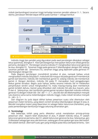 Modul Pendidikan Jarak Jauh Jenjang Diploma 3 Program Studi Keperawatan
4
nisbah (perbandingan) tanaman tinggi terhadap tanaman pendek sebesar 3 : 1. Secara
skema, percobaan Mendel dapat dilihat pada Gambar 1 sebagai berikut:
	 Individu tinggi dan pendek yang digunakan pada awal persilangan dikatakan sebagai
tetua (parental), disingkat P.  Hasil persilangannya merupakan keturunan (filial) generasi
pertama, disingkat F1. Persilangan sesama individu F1 menghasilkan keturunan generasi
ke dua, disingkat F2. Tanaman tinggi pada generasi P dilambangkan dengan DD, sedang
tanaman pendek dd. Sementara itu, tanaman tinggi yang diperoleh pada generasi F1
dilambangkan dengan Dd.
	 Pada diagram persilangan monohibrid tersebut di atas, nampak bahwa untuk
menghasilkan individu Dd pada F1, maka baik DD maupun dd pada generasi P membentuk
gamet (sel kelamin). Individu DD membentuk gamet D, sedang individu dd membentuk
gamet d. Dengan demikian, individu Dd pada F1 merupakan hasil penggabungan
kedua gamet tersebut. Begitu pula halnya, ketika sesama individu Dd ini melakukan
penyerbukan sendiri untuk menghasilkan F2, maka masing-masing akan membentuk
gamet terlebih dahulu. Gamet yang dihasilkan oleh individu Dd ada dua macam, yaitu
D dan d. Selanjutnya, dari kombinasi gamet-gamet tersebut diperoleh individu-individu
generasi F2 dengan nisbah DD : Dd : dd = 1 : 2 : 1. Jika DD dan dd dikelompokkan menjadi
satu (karena sama-sama melambangkan individu tinggi), maka nisbah tersebut menjadi
D- : dd = 3 : 1.
	 Dari diagram itu pula dapat dilihat bahwa pewarisan suatu sifat ditentukan oleh
pewarisan materi tertentu, yang dalam contoh tersebut dilambangkan dengan D atau d.
Mendel menyebut materi yang diwariskan ini sebagai faktor keturunan (herediter), yang
pada perkembangan berikutnya hingga sekarang dinamakan gen.
2.	 Terminologi
	 Ada beberapa istilah yang perlu diketahui untuk menjelaskan prinsip-prinsip
pewarisan sifat. Seperti telah disebutkan di atas, P adalah individu tetua, F1 adalah
keturunan generasi pertama, dan F2 adalah keturunan generasi ke dua. Selanjutnya, gen
D dikatakan sebagai gen atau alel dominan, sedang gen d merupakan gen atau alel resesif.
Alel adalah bentuk alternatif suatu gen yang terdapat pada lokus (tempat) tertentu. Gen
Gambar 1.1 : Diagram persilangan monohibrid untuk sifat tinggi tanaman
Gamet Betina: D (Tinggi) Betina: d (pendek)
Jantan: D (Tinggi) DD (Tinggi) Dd (Tinggi)
Jantan: d (pendek) Dd (Tinggi) dd (pendek)
 