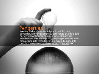 Pengertian subjektif dari diri dan
Konsep diri adalah citra

pencampuran yang kompleks dari perasaan, sikap dan
persepsi bawah sadar maupun sadar. Konsep diri
memberikan kita kerangka acuan yang mempengaruhi
manajemen kita terhadap situasi dan hubungan kita
dengan orang lain (Sundeen, Stuart, & Laraia, 2007).

http://www.essaymojo.co.uk/blog/wp-content/uploads/2012/03/retail-concept-idea.jpg

 