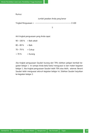 Modul Pendidikan Jarak Jauh, Pendidikan Tinggi Kesehatan
Kembali ke :	 Pendahuluan	 Uraian Materi	 Rangkuman	 Tes Formatif Tugas 17
Rumus:
Jumlah jawaban Anda yang benar
Tingkat Penguasaan =  ----------------------------------------------- X 100
5
Arti tingkat penguasaan yang Anda capai:
90 – 100 % 	 = Baik sekali
80 – 89 % 	 = Baik
70 – 79 % 	 = Cukup
< 70 % 	 = Kurang
Jika tingkat penguasaan Saudari kurang dari 70% silahkan pelajari kembali ke-
giatan belajar 1 ini sampai Anda betul betul menguasai isi dari materi kegiatan
belajar 1. Jika tingkat penguasaan Saudari telah 70% atau lebih, selamat. Berarti
Saudari telah menguasai seluruh kegiatan belajar ini. Silahkan Saudari lanjutkan
ke kegiatan belajar 2.
 