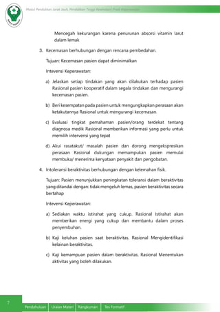 7
Modul Pendidikan Jarak Jauh, Pendidikan Tinggi Kesehatan Prodi Keperawatan
Pendahuluan	 Uraian Materi	 Rangkuman	 Tes Formatif
Mencegah kekurangan karena penurunan absorsi vitamin larut
dalam lemak
3.	 Kecemasan berhubungan dengan rencana pembedahan.
Tujuan: Kecemasan pasien dapat diminimalkan
Intevensi Keperawatan:
a)	 Jelaskan setiap tindakan yang akan dilakukan terhadap pasien
Rasional pasien kooperatif dalam segala tindakan dan mengurangi
kecemasan pasien.
b)	 Beri kesempatan pada pasien untuk mengungkapkan perasaan akan
ketakutannya Rasional untuk mengurangi kecemasan.
c)	 Evaluasi tingkat pemahaman pasien/orang terdekat tentang
diagnosa medik Rasional memberikan informasi yang perlu untuk
memilih intervensi yang tepat
d)	 Akui rasatakut/ masalah pasien dan dorong mengekspresikan
perasaan Rasional dukungan memampukan pasien memulai
membuka/ menerima kenyataan penyakit dan pengobatan.
4.	 Intoleransi beraktivitas berhubungan dengan kelemahan fisik.
Tujuan: Pasien menunjukkan peningkatan toleransi dalam beraktivitas
yang ditandai dengan: tidak mengeluh lemas, pasien beraktivitas secara
bertahap
Intevensi Keperawatan:
a)	 Sediakan waktu istirahat yang cukup. Rasional Istirahat akan
memberikan energi yang cukup dan membantu dalam proses
penyembuhan.
b)	 Kaji keluhan pasien saat beraktivitas. Rasional Mengidentifikasi
kelainan beraktivitas.
c)	 Kaji kemampuan pasien dalam beraktivitas. Rasional Menentukan
aktivitas yang boleh dilakukan.
 