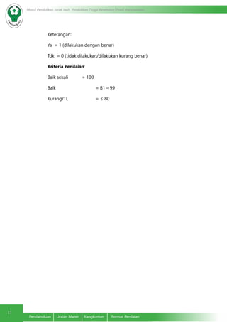 11
Modul Pendidikan Jarak Jauh, Pendidikan Tinggi Kesehatan Prodi Keperawatan
Pendahuluan	 Uraian Materi	 Rangkuman	 Format Penilaian
Keterangan:
Ya	 = 1 (dilakukan dengan benar)
Tdk = 0 (tidak dilakukan/dilakukan kurang benar)
Kriteria Penilaian:
Baik sekali		 = 100
Baik 		 = 81 – 99
Kurang/TL		 = ≤ 80
 