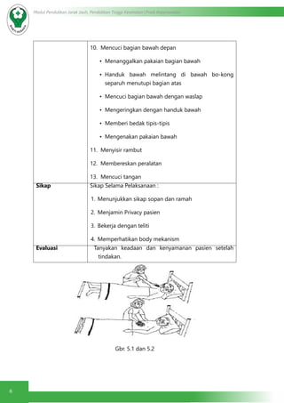 6
Modul Pendidikan Jarak Jauh, Pendidikan Tinggi Kesehatan Prodi Keperawatan
10. Mencuci bagian bawah depan
•	 Menanggalkan pakaian bagian bawah
•	 Handuk bawah melintang di bawah bo-kong
separuh menutupi bagian atas
•	 Mencuci bagian bawah dengan waslap
•	 Mengeringkan dengan handuk bawah
•	 Memberi bedak tipis-tipis
•	 Mengenakan pakaian bawah
11. Menyisir rambut
12. Membereskan peralatan
13. Mencuci tangan
Sikap Sikap Selama Pelaksanaan :
1.	 Menunjukkan sikap sopan dan ramah
2.	 Menjamin Privacy pasien
3.	 Bekerja dengan teliti
4.	 Memperhatikan body mekanism
Evaluasi Tanyakan keadaan dan kenyamanan pasien setelah
tindakan.
Gbr. 5.1 dan 5.2
 