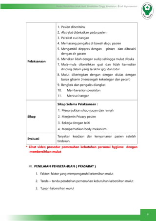 9
Modul Pendidikan Jarak Jauh, Pendidikan Tinggi Kesehatan Prodi Keperawatan
Pelaksanaan
1.	 Pasien diberitahu
2.	 Alat-alat didekatkan pada pasien
3.	 Perawat cuci tangan
4.	 Memasang pengalas di bawah dagu pasien
5.	 Mengambil deppres dengan pinset dan dibasahi
dengan air garam
6.	 Menekan lidah dengan sudip sehingga mulut dibuka
7.	 Mula-mula dibersihkan gusi dan lidah kemudian
dinding dalam yang terakhir gigi dan bibir
8.	 Mulut dikeringkan dengan dengan diulas dengan
borak gliserin (mencengah kekeringan dan pecah)
9.	 Bengkok dan pengalas diangkat
10.	 Membereskan peralatan
11.	 Mencuci tangan
Sikap
Sikap Selama Pelaksanaan :
1.	 Menunjukkan sikap sopan dan ramah
2.	 Menjamin Privacy pasien
3.	 Bekerja dengan teliti
4.	 Memperhatikan body mekanism
Evaluasi
Tanyakan keadaan dan kenyamanan pasien setelah
tindakan.
* Lihat video prosedur pemenuhan kebutuhan personal hygiene dengan
membersihkan mulut
III. PENILAIAN PENGETAHUAN ( PRASARAT )
1.	 Faktor- faktor yang mempengaruhi kebersihan mulut
2.	 Tanda – tanda perubahan pemenuhan kebutuhan kebersihan mulut
3.	 Tujuan kebersihan mulut
 