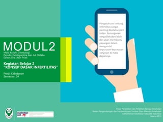 Pusat Pendidikan dan Pelatihan Tenaga Kesehatan
Badan Pengembangan dan Pemberdayaan Sumber Daya Manusia Kesehatan
Kementerian Kesehatan Republik Indonesia
Jakarta 2015
MODUL2Mata Kuliah: Ginekologi
Penulis: Debbiyantina dan Juli Oktalia
Editor: Dra. Asih Priati
Kegiatan Belajar 2
“KONSEP DASAR INFERTILITAS”
Prodi: Kebidanan
Semester: 04
Pengetahuan tentang
infertilitas sangat
penting diketahui oleh
bidan. Penanganan
yang dilakukan lebih
dini akan membantu
pasangan dalam
mengambil
keputusan-keputusan
yang lain di masa
depannya.
 