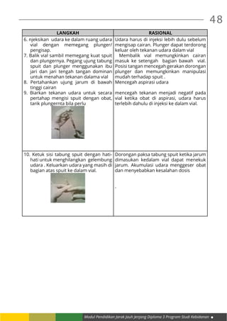 48
Modul Pendidikan Jarak Jauh Jenjang Diploma 3 Program Studi Kebidanan
LANGKAH RASIONAL
6. njeksikan udara ke dalam ruang udara
vial dengan memegang plunger/
pengisap.
7. Balik vial sambil memegang kuat spuit
dan plungernya. Pegang ujung tabung
spuit dan plunger menggunakan ibu
jari dan jari tengah tangan dominan
untuk menahan tekanan dalama vial
8. Pertahankan ujung jarum di bawah
tinggi cairan
9. Biarkan tekanan udara untuk secara
pertahap mengisi spuit dengan obat,
tarik plungernta bila perlu
Udara harus di injeksi lebih dulu sebelum
mengisap cairan. Plunger dapat terdorong
keluar oleh tekanan udara dalam vial
Membalik vial memungkinkan cairan
masuk ke setengah bagian bawah vial.
Posisi tangan mencegah gerakan dorongan
plunger dan memungkinkan manipulasi
mudah terhadap spuit .
Mencegah aspirasi udara
mencegah tekanan menjadi negatif pada
vial ketika obat di aspirasi, udara harus
terlebih dahulu di injeksi ke dalam vial.
10. Ketuk sisi tabung spuit dengan hati-
hati untuk menghilangkan gelembung
udara . Keluarkan udara yang masih di
bagian atas spuit ke dalam vial.
Dorongan paksa tabung spuit ketika jarum
dimasukan kedalam vial dapat menekuk
jarum. Akumulasi udara menggeser obat
dan menyebabkan kesalahan dosis
.
 