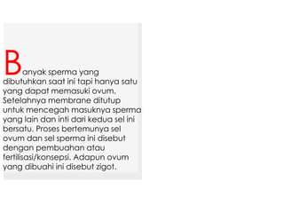 anyak sperma yang
dibutuhkan saat ini tapi hanya satu
yang dapat memasuki ovum.
Setelahnya membrane ditutup
untuk mencegah masuknya sperma
yang lain dan inti dari kedua sel ini
bersatu. Proses bertemunya sel
ovum dan sel sperma ini disebut
dengan pembuahan atau
fertilisasi/konsepsi. Adapun ovum
yang dibuahi ini disebut zigot.
B
 