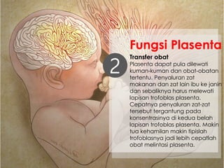 Transfer obat
Plasenta dapat pula dilewati
kuman-kuman dan obat-obatan
tertentu. Penyaluran zat
makanan dan zat lain ibu ke janin
dan sebaliknya harus melewati
lapisan trofoblas plasenta.
Cepatnya penyaluran zat-zat
tersebut tergantung pada
konsentrasinya di kedua belah
lapisan trofoblas plasenta. Makin
tua kehamilan makin tipislah
trofoblasnya jadi lebih cepatlah
obat melintasi plasenta.
2
Fungsi Plasenta
 