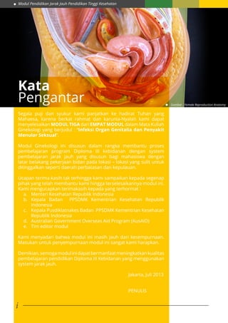 Modul Pendidikan Jarak Jauh Pendidikan Tinggi Kesehatan
i
Kata
Pengantar
Segala puji dan syukur kami panjatkan ke hadirat Tuhan yang
Mahaesa, karena berkat rahmat dan karunia-Nyalah kami dapat
menyelesaikan MODUL TIGA dari EMPAT MODUL dalam Mata Kuliah
Ginekologi yang berjudul : “Infeksi Organ Genitalia dan Penyakit
Menular Seksual”.
Modul Ginekologi ini disusun dalam rangka membantu proses
pembelajaran program Diploma III kebidanan dengan system
pembelajaran jarak jauh yang disusun bagi mahasiswa dengan
latar belakang pekerjaan bidan pada lokasi – lokasi yang sulit untuk
ditinggalkan seperti daerah perbatasan dan kepulauan.
Ucapan terima kasih tak terhingga kami sampaikan kepada segenap
pihak yang telah membantu kami hingga terselesaikannya modul ini.
Kami mengucapkan terimakasih kepada yang terhormat :
a.	 Menteri Kesehatan Republik Indonesia
b.	Kepala Badan PPSDMK Kementrian Kesehatan Republik
Indonesia
c.	 Kepala Pusdiklatnakes Badan PPSDMK Kementrian Kesehatan
Republik Indonesia
d.	 Australian Government Overseas Aid Program (AusAID)
e.	 Tim editor modul
Kami menyadari bahwa modul ini masih jauh dari kesempurnaan.
Masukan untuk penyempurnaan modul ini sangat kami harapkan.
Demikian,semogamodulinidapatbermanfaatmeningkatkankualitas
pembelajaran pendidikan Diploma III Kebidanan yang menggunakan
system jarak jauh.
								Jakarta, Juli 2013
							
								PENULIS
Gambar : Female Reproduction Anatomy
 