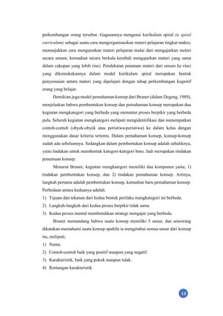 10
perkembangan orang tersebut. Gagasannya mengenai kurikulum spiral (a spiral
curriculum) sebagai suatu cara mengorganisasikan materi pelajaran tingkat makro,
menunjukkan cara mengurutkan materi pelajaran mulai dari mengajarkan meteri
secara umum, kemudian secara berkala kembali mengajarkan materi yang sama
dalam cakupan yang lebih rinci. Pendekatan penataan materi dari umum ke rinci
yang dikemukakannya dalam model kurikulum spiral merupakan bentuk
penyesuaian antara materi yang dipelajari dengan tahap perkembangan kognitif
orang yang belajar.
Demikian juga model pemahaman konsep dari Bruner (dalam Degeng, 1989),
menjelaskan bahwa pembentukan konsep dan pemahaman konsep merupakan dua
kegiatan mengkategori yang berbeda yang menuntut proses berpikir yang berbeda
pula. Seluruh kegiatan mengkategori meliputi mengidentifikasi dan menempatkan
contoh-contoh (obyek-obyek atau peristiwa-peristiwa) ke dalam kelas dengan
menggunakan dasar kriteria tertentu. Dalam pemahaman konsep, konsep-konsep
sudah ada sebelumnya. Sedangkan dalam pembentukan konsep adalah sebaliknya,
yaitu tindakan untuk membentuk kategori-kategori baru. Jadi merupakan tindakan
penemuan konsep.
Menurut Bruner, kegiatan mengkategori memiliki dua komponen yaitu; 1)
tindakan pembentukan konsep, dan 2) tindakan pemahaman konsep. Artinya,
langkah pertama adalah pembentukan konsep, kemudian baru pemahaman konsep.
Perbedaan antara keduanya adalah:
1) Tujuan dan tekanan dari kedua bentuk perilaku mengkategori ini berbeda.
2) Langkah-langkah dari kedua proses berpikir tidak sama.
3) Kedua proses mental membutuhkan strategi mengajar yang berbeda.
Bruner memandang bahwa suatu konsep memiliki 5 unsur, dan seseorang
dikatakan memahami suatu konsep apabila ia mengetahui semua unsur dari konsep
itu, meliputi;
1) Nama.
2) Contoh-contoh baik yang positif maupun yang negatif.
3) Karakteristik, baik yang pokok maupun tidak.
4) Rentangan karakteristik
 