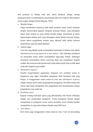 14
arah penataan isi bidang studi atau materi pelajaran sebagai strategi
pengorganisasian isi pembelajaran yang berpijak pada teori kognitif, dikemukakan
secara singkat sebagai berikut (Degeng, 1989):
a. Hirarhki belajar.
Gagne menekankan kajiannya pada aspek penataan urutan materi pelajaran
dengan memunculkan gagasan mengenai prasyarat belajar, yang dituangkan
dalam suatu struktur isi yang disebut hirarhki belajar. Keterkaitan di antara
bagian-bagian bidang studi yang dituangkan dalam bentuk prasyarat belajar,
berarti bahwa pengetahuan tertentu harus dikuasai lebih dahulu sebelum
pengetahuan yang lain dapat dipelajari.
b. Analisis tugas.
Cara lain yang dipakai untuk menunjukkan keterkaitan isi bidang studi adalah
information-processing approach to task analysis. Tipe hubungan prosedural
ini memerikan urutan dalam menampilkan tugas-tugas belajar. Hubungan
prosedural menunjukkan bahwa seseorang dapat saja mempelajari langkah
terahkir dari suatu prosedur pertama kali, tetapi dalam unjuk kerja ia tidak dapat
mulai dari langkah yang terahkir.
c. Subsumptive sequence.
Ausubel mengemukakan gagasannya mengenai cara membuat urutan isi
pengajaran yang dapat menjadikan pengajaran lebih bermakna bagi yang
belajar. Ia menggunakan urutan umum ke rinci atau subsumptive sequence
sebagai strategi utama untuk mengorganisasi pengajaran. Perolehan belajar dan
retensi akan dapat ditingkatkan bila pengetahuan baru diasimilasikan dengan
pengetahuan yang sudah ada.
d. Kurikulum spiral.
Gagasan tentang kurikulum spiral yang dikemukakan oleh Bruner dilakukan
dengan cara mengurutkan pengajaran. Urutan pengajaran dimulai dengan
mengajarkan isi pengajaran secara umum, kemudian secara berkala kembali
mengajarkan isi yang sama dengan cakupan yang lebih rinci.
e. Teori Skema.
Teori skema juga menggunakan urutan umum ke rinci. Teori ini memandang
 