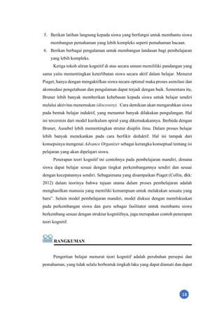 18
5. Berikan latihan langsung kepada siswa yang berfungsi untuk membantu siswa
membangun pemahaman yang lebih kompleks seperti pemahaman bacaan.
6. Berikan berbagai pengalaman untuk membangun landasan bagi pembelajaran
yang lebih kompleks.
Ketiga tokoh aliran kognitif di atas secara umum memililiki pandangan yang
sama yaitu mementingkan keterlibatan siswa secara aktif dalam belajar. Menurut
Piaget, hanya dengan mengaktifkan siswa secara optimal maka proses asimilasi dan
akomodasi pengetahuan dan pengalaman dapat terjadi dengan baik. Sementara itu,
Bruner lebih banyak memberikan kebebasan kepada siswa untuk belajar sendiri
melalui aktivitas menemukan (discovery). Cara demikian akan mengarahkan siswa
pada bentuk belajar induktif, yang menuntut banyak dilakukan pengulangan. Hal
ini tercermin dari model kurikulum spiral yang dikemukakannya. Berbeda dengan
Bruner, Ausubel lebih mementingkan strutur disiplin ilmu. Dalam proses belajar
lebih banyak menekankan pada cara berfikir deduktif. Hal ini tampak dari
konsepsinya mengenai Advance Organizer sebagai kerangka konseptual tentang isi
pelajaran yang akan dipelajari siswa.
Penerapan teori kognitif ini contohnya pada pembelajaran mandiri, dimana
siswa dapat belajar sesuai dengan tingkat perkembangannya sendiri dan sesuai
dengan kecepatannya sendiri. Sebagaimana yang disampaikan Piaget (Collin, dkk:
2012) dalam teorinya bahwa tujuan utama dalam proses pembelajaran adalah
menghasilkan manusia yang memiliki kemampuan untuk melakukan sesuatu yang
baru”. Selain model pembelajaran mandiri, model diskusi dengan memfokuskan
pada perkembangan siswa dan guru sebagai fasilitator untuk membantu siswa
berkembang sesuai dengan struktur kognitifnya, juga merupakan contoh penerapan
teori kognitif.
RANGKUMAN
Pengertian belajar menurut teori kognitif adalah perubahan persepsi dan
pemahaman, yang tidak selalu berbentuk tingkah laku yang dapat diamati dan dapat
 