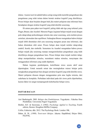 19
diukur. Asumsi teori ini adalah bahwa setiap orang telah memiliki pengetahuan dan
pengalaman yang telah tertata dalam bentuk struktur kognitif yang dimilikinya.
Proses belajar akan berjalan dengan baik jika materi pelajaran atau informasi baru
beradaptasi dengan struktur kognitif yang telah dimiliki seseorang.
Di antara para pakar teori kognitif, paling tidak ada tiga yang terkenal yaitu
Piaget, Bruner, dan Ausubel. Menurut Piaget, kegiatan belajar terjadi sesuai dengan
pola tahap-tahap perkembangan tertentu dan umur seseorang, serta melalui proses
asimilasi, akomodasi dan equilibrasi. Sedangkan Bruner mengatakan bahwa belajar
terjadi lebih ditentukan oleh cara seseorang mengatur pesan atau informasi, dan
bukan ditentukan oleh umur. Proses belajar akan terjadi melalui tahap-tahap
enaktif, ikonik, dan simbolik. Sementara itu Ausubel mengatakan bahwa proses
belajar terjadi jika seseorang mampu mengasimilasikan pengetahuan yang telah
dimilikinya dengan pengetahuan baru. Proses belajar akan terjadi melalui tahap-
tahap memperhatikan stimulus, memahami makna stimulus, menyimpan dan
menggunakan informasi yang sudah dipahami.
Dalam kegiatan pembelajaran, keterlibatan siswa secara aktif amat
dipentingkan. Untuk menarik minat dan meningkatkan retensi belajar perlu
mengkaitkan pengetahuan baru dengan setruktur kognitif yang telah dimiliki siswa.
Materi pelajaran disusun dengan menggunakan pola atau logika tertentu, dari
sederhana ke kompleks. Perbedaan individual pada diri siswa perlu diperhatikan,
karena faktor ini sangat mempengaruhi keberhasilan belajar siswa.
DAFTAR BACAAN
Asri Budiningsih. 2003. Belajar dan Pembelajaran. Yogyakarta : Fakultas Ilmu
Pendidikan. Universitas Negeri Yogyakarta
Biehler, R.F. & Snowman, J. (1982). Psychology Applied to Teaching, Fourth
edition, Boston: Houghton Mifflin Company.
Collin, Catherine, dkk. 2012. The Psychology Book. London: DK.
Dahar, R. W., (1989). Teori-teori Belajar. Jakarta: Depdikbud, Dirjen Dikti,
P2LPTK.
 