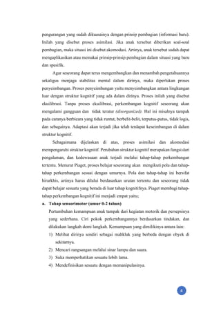 4
pengurangan yang sudah dikuasainya dengan prinsip pembagian (informasi baru).
Inilah yang disebut proses asimilasi. Jika anak tersebut diberikan soal-soal
pembagian, maka situasi ini disebut akomodasi. Artinya, anak tersebut sudah dapat
mengaplikasikan atau memakai prinsip-prinsip pembagian dalam situasi yang baru
dan spesifik.
Agar seseorang dapat terus mengembangkan dan menambah pengetahuannya
sekaligus menjaga stabilitas mental dalam dirinya, maka diperlukan proses
penyeimbangan. Proses penyeimbangan yaitu menyeimbangkan antara lingkungan
luar dengan struktur kognitif yang ada dalam dirinya. Proses inilah yang disebut
ekuilibrasi. Tanpa proses ekuilibrasi, perkembangan kognitif seseorang akan
mengalami gangguan dan tidak teratur (disorganized). Hal ini misalnya tampak
pada caranya berbicara yang tidak runtut, berbelit-belit, terputus-putus, tidak logis,
dan sebagainya. Adaptasi akan terjadi jika telah terdapat keseimbangan di dalam
struktur kognitif.
Sebagaimana dijelaskan di atas, proses asimilasi dan akomodasi
mempengaruhi struktur kognitif. Perubahan struktur kognitif merupakan fungsi dari
pengalaman, dan kedewasaan anak terjadi melalui tahap-tahap perkembangan
tertentu. Menurut Piaget, proses belajar seseorang akan mengikuti pola dan tahap-
tahap perkembangan sesuai dengan umurnya. Pola dan tahap-tahap ini bersifat
hirarkhis, artinya harus dilalui berdasarkan urutan tertentu dan seseorang tidak
dapat belajar sesuatu yang berada di luar tahap kognitifnya. Piaget membagi tahap-
tahap perkembangan kognitif ini menjadi empat yaitu;
a. Tahap sensorimotor (umur 0-2 tahun)
Pertumbuhan kemampuan anak tampak dari kegiatan motorik dan persepsinya
yang sederhana. Ciri pokok perkembangannya berdasarkan tindakan, dan
dilakukan langkah demi langkah. Kemampuan yang dimilikinya antara lain:
1) Melihat dirinya sendiri sebagai mahkluk yang berbeda dengan obyek di
sekitarnya.
2) Mencari rangsangan melalui sinar lampu dan suara.
3) Suka memperhatikan sesuatu lebih lama.
4) Mendefinisikan sesuatu dengan memanipulasinya.
 