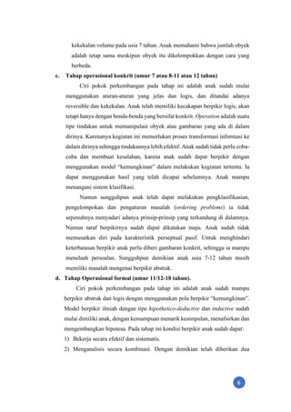 6
kekekalan volume pada usia 7 tahun. Anak memahami bahwa jumlah obyek
adalah tetap sama meskipun obyek itu dikelompokkan dengan cara yang
berbeda.
c. Tahap operasional konkrit (umur 7 atau 8-11 atau 12 tahun)
Ciri pokok perkembangan pada tahap ini adalah anak sudah mulai
menggunakan aturan-aturan yang jelas dan logis, dan ditandai adanya
reversible dan kekekalan. Anak telah memiliki kecakapan berpikir logis, akan
tetapi hanya dengan benda-benda yang bersifat konkrit. Operation adalah suatu
tipe tindakan untuk memanipulasi obyek atau gambaran yang ada di dalam
dirinya. Karenanya kegiatan ini memerlukan proses transformasi informasi ke
dalam dirinya sehingga tindakannya lebih efektif. Anak sudah tidak perlu coba-
coba dan membuat kesalahan, karena anak sudah dapat berpikir dengan
menggunakan model “kemungkinan” dalam melakukan kegiatan tertentu. Ia
dapat menggunakan hasil yang telah dicapai sebelumnya. Anak mampu
menangani sistem klasifikasi.
Namun sungguhpun anak telah dapat melakukan pengklasifikasian,
pengelompokan dan pengaturan masalah (ordering problems) ia tidak
sepenuhnya menyadari adanya prinsip-prinsip yang terkandung di dalamnya.
Namun taraf berpikirnya sudah dapat dikatakan maju. Anak sudah tidak
memusatkan diri pada karakteristik perseptual pasif. Untuk menghindari
keterbatasan berpikir anak perlu diberi gambaran konkrit, sehingga ia mampu
menelaah persoalan. Sungguhpun demikian anak usia 7-12 tahun masih
memiliki masalah mengenai berpikir abstrak.
d. Tahap Operasional formal (umur 11/12-18 tahun).
Ciri pokok perkembangan pada tahap ini adalah anak sudah mampu
berpikir abstrak dan logis dengan menggunakan pola berpikir “kemungkinan”.
Model berpikir ilmiah dengan tipe hipothetico-deductive dan inductive sudah
mulai dimiliki anak, dengan kemampuan menarik kesimpulan, menafsirkan dan
mengembangkan hipotesa. Pada tahap ini kondisi berpikir anak sudah dapat:
1) Bekerja secara efektif dan sistematis.
2) Menganalisis secara kombinasi. Dengan demikian telah diberikan dua
 