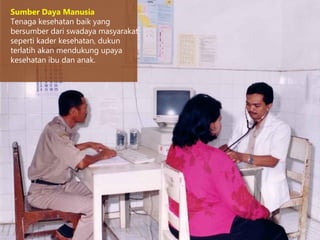 Sumber Daya Manusia
Tenaga kesehatan baik yang
bersumber dari swadaya masyarakat
seperti kader kesehatan, dukun
terlatih akan mendukung upaya
kesehatan ibu dan anak.
 