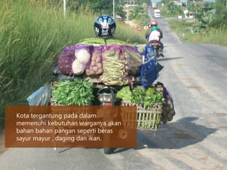 Kota tergantung pada dalam
memenuhi kebutuhan warganya akan
bahan bahan pangan seperti beras
sayur mayur , daging dan ikan.
 