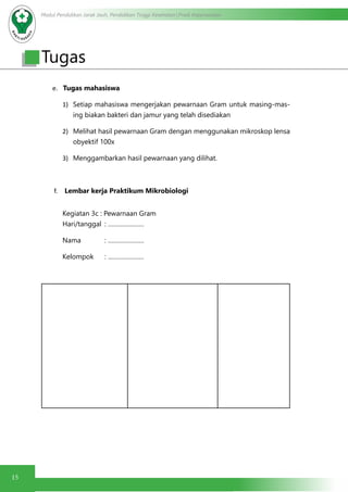 Modul Pendidikan Jarak Jauh, Pendidikan Tinggi Kesehatan Prodi Keperawatan
15
e.	 Tugas mahasiswa
1)	 Setiap mahasiswa mengerjakan pewarnaan Gram untuk masing-mas-
ing biakan bakteri dan jamur yang telah disediakan
2)	 Melihat hasil pewarnaan Gram dengan menggunakan mikroskop lensa
obyektif 100x
3)	 Menggambarkan hasil pewarnaan yang dilihat.
f.	 Lembar kerja Praktikum Mikrobiologi
	 Kegiatan 3c : Pewarnaan Gram
	 Hari/tanggal	: ………………… 						
	 Nama		 : …………………
	 Kelompok	 : …………………
Tugas
 