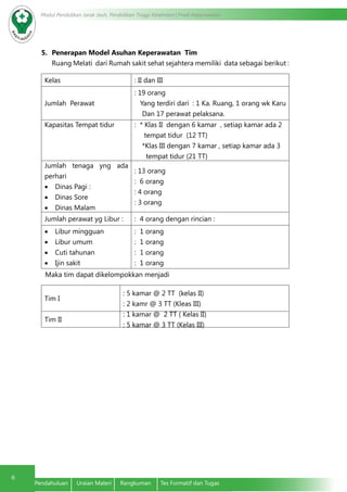6
Modul Pendidikan Jarak Jauh, Pendidikan Tinggi Kesehatan Prodi Keperawatan
6
Pendahuluan	 Uraian Materi	 Rangkuman	 Tes Formatif dan Tugas
5.	 Penerapan Model Asuhan Keperawatan Tim
Ruang Melati dari Rumah sakit sehat sejahtera memiliki data sebagai berikut :
Kelas : II dan III
Jumlah Perawat
: 19 orang
Yang terdiri dari : 1 Ka. Ruang, 1 orang wk Karu
Dan 17 perawat pelaksana.
Kapasitas Tempat tidur : * Klas II dengan 6 kamar , setiap kamar ada 2
tempat tidur (12 TT)
*Klas III dengan 7 kamar , setiap kamar ada 3
tempat tidur (21 TT)
Jumlah tenaga yng ada
perhari
•	 Dinas Pagi :
•	 Dinas Sore
•	 Dinas Malam
: 13 orang
: 6 orang
: 4 orang
: 3 orang
Jumlah perawat yg Libur : : 4 orang dengan rincian :
•	 Libur mingguan
•	 Libur umum
•	 Cuti tahunan
•	 Ijin sakit
: 1 orang
: 1 orang
: 1 orang
: 1 orang
Maka tim dapat dikelompokkan menjadi
Tim I
: 5 kamar @ 2 TT (kelas II)
: 2 kamr @ 3 TT (Kleas III)
Tim II
: 1 kamar @ 2 TT ( Kelas II)
: 5 kamar @ 3 TT (Kelas III)
 