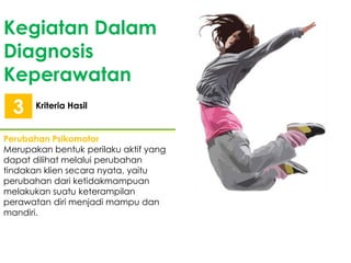 Kegiatan Dalam
Diagnosis
Keperawatan
3

Kriteria Hasil

Perubahan Psikomotor
Merupakan bentuk perilaku aktif yang
dapat dilihat melalui perubahan
tindakan klien secara nyata, yaitu
perubahan dari ketidakmampuan
melakukan suatu keterampilan
perawatan diri menjadi mampu dan
mandiri.

 