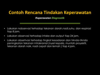 Contoh Rencana Tindakan Keperawatan
Keperawatan Diagnostik

• Lakukan nobservasi terhadap tekanan darah,nadi,suhu, dan respirasi
tiap 8 jam.

• Lakukan observasi terhadap intake dan output tiap 24 jam.
• Lakukan obsertvasi terhadap tingkat kesadaran dan tAnda-tAnda
peningkatan tekanan intrakranial (nyeri kepala, muntah proyektil,
tekanan darah naik, nadi cepat dan lemah ) tiap 4 jam.

 