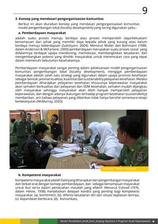 9
Modul Pendidikan Jarak Jauh, Jenjang Diploma 3 Program Studi Keperawatan
3. Konsep yang mendasari pengorganisasian komunitas
Berikut ini akan diuraikan konsep yang mendasari pengorganisasian komunitas
model pengembangan lokal (locality development) yang sering digunakan yaitu :
a. Pemberdayaan masyarakat
adalah suatu proses menuju berdaya atau proses memperoleh daya/kekuatan/
kemampuan dari pihak yang memiliki daya kepada pihak yang kurang atau belum
berdaya menuju keberdayaan (Sulistiyani, 2004). Menurut Muller dan Bichmann (1988,
dalam Anderson & McFarlane, 2000) pemberdayaan merupakan suatu proses sosial yang
didalamnya terdapat upaya mendorong, memotivasi, membangkitkan kesadaran, dan
mengembangkan potensi yang dimiliki masyarakat untuk menemukan cara yang tepat
dalam memenuhi kebutuhan kesehatannya.
Pemberdayaan masyarakat sangat penting dalam pelaksanaan model pengorganisasian
komunitas pengembangan lokal (locality development), mengigat pemberdayaan
masyarakat adalah salah satu strategi yang digunakan dalam upaya promosi kesehatan
sebagai bentuk jaminankualitas,kuantitasdansustainabilitypelayanankesehatan.Melalui
pemberdayaan diharapkan pelayanan kesehatan khususnya keperawatan masyarakat
akan semakin berkualitas dari pelayanan dan SDM kesehatan, semakin mudah dijangkau
oleh masyarakat sehingga masyarakat akan lebih banyak memperoleh pelayanan
keperawatan, dan dengan adanya dukungan terhadap program kesehatan (sustainability)
memberikan arti bahwa pelayanan yang diberikan tidak hanya bersifat sementara tetapi
berkelanjutan (McMurray, 2003).
Gambar : Melayani masyarakat
b. Kompetensi masyarakat
Kompetensimasyarakatadalahhasilyangdiharapkandaripengembanganmasyarakat
dan terkait erat dengan konsep pemberdayaan, dan sebagai kemampuan mayarakat
untuk ikut serta dalam pemecahan masalah yang efektif. Menurut Cottrell (1976,
dalam Helvie, 1998) menjelaskan delapan kondisi yang penting bagi kompetensi
masyarakat: (a). komitment, (b). difenisi kesadaran diri dan situasi kejelasan lainnya,
(c). kepandaian berbicara, (d). komunikasi,
 