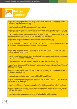 Modul Pendidikan Jarak Jauh, Pendidikan Tinggi Kesehatan
23
Daftar
Gambar
http://1.bp.blogspot.com/-P6UqtvjuR3o/Tst2aU1XHwI/AAAAAAAAADw/bFG7-
DhincQ/s1600/Bayi-bermain.jpg
http://sariasih.com/lvl2/images/stories/menyusui.jpg
https://paudgrobogan.files.wordpress.com/2010/03/anak-paud-skb-grobogan.jpg
http://kumpulanfotogambarwallpaperterbaru.blogspot.com/2015/03/kumpu-
lan-foto-bayi-laki-laki-lucu-dan-menggemaskan-terbaru.html
https://mhs.blog.ui.ac.id/zhafirah.salsabila/files/2014/03/tes.jpg
http://2.bp.blogspot.com/-2rKpErcF3kY/UqNLDw0_iII/AAAAAAAAAy4/zsN0Q6Afr1E/
s1600/baby+group-of-babies-27462-hd-wallpapers.jpg
http://2.bp.blogspot.com/_F1w6HVvyob4/S0_hHD1sp0I/AAAAAAAAABE/cWTE-_
fq1h8/s1600-h/mutation.jpg
http://img.archiexpo.com/images_ae/photo-g/conference-table-laptop-contempo-
rary-adjustable-58009-2911097.jpg
https://mytororo.files.wordpress.com/2013/12/katarak-pada-bayi.jpg
https://www.twah.org.hk/getimage/index/action/images/directShow/1/name/
543f6ac30b267.jpg
http://2.bp.blogspot.com/-J9bbQTz1-EM/Ud3g4x4TlpI/AAAAAAAAAD8/KA_st-
BO-ujw/s1600/bayi2.jpg
https://diarysepti.files.wordpress.com/2013/12/wallp61.jpg
http://1.bp.blogspot.com/-pLUVvdLAlDU/T0OPZO0OqGI/AAAAAAAAASQ/ZcWfYcb-
Nl7c/s1600/DSC_6882.jpg
http://pondokibu.com/wp-content/uploads/2013/09/daya-tahan-tubuh-anak.jpg
http://upload.wikimedia.org/wikipedia/commons/0/06/Corynebacterium_diphthe-
riae_Gram_stain.jpg
http://www.kabarmaya.com/wp-content/uploads/2015/01/anak.jpg
 