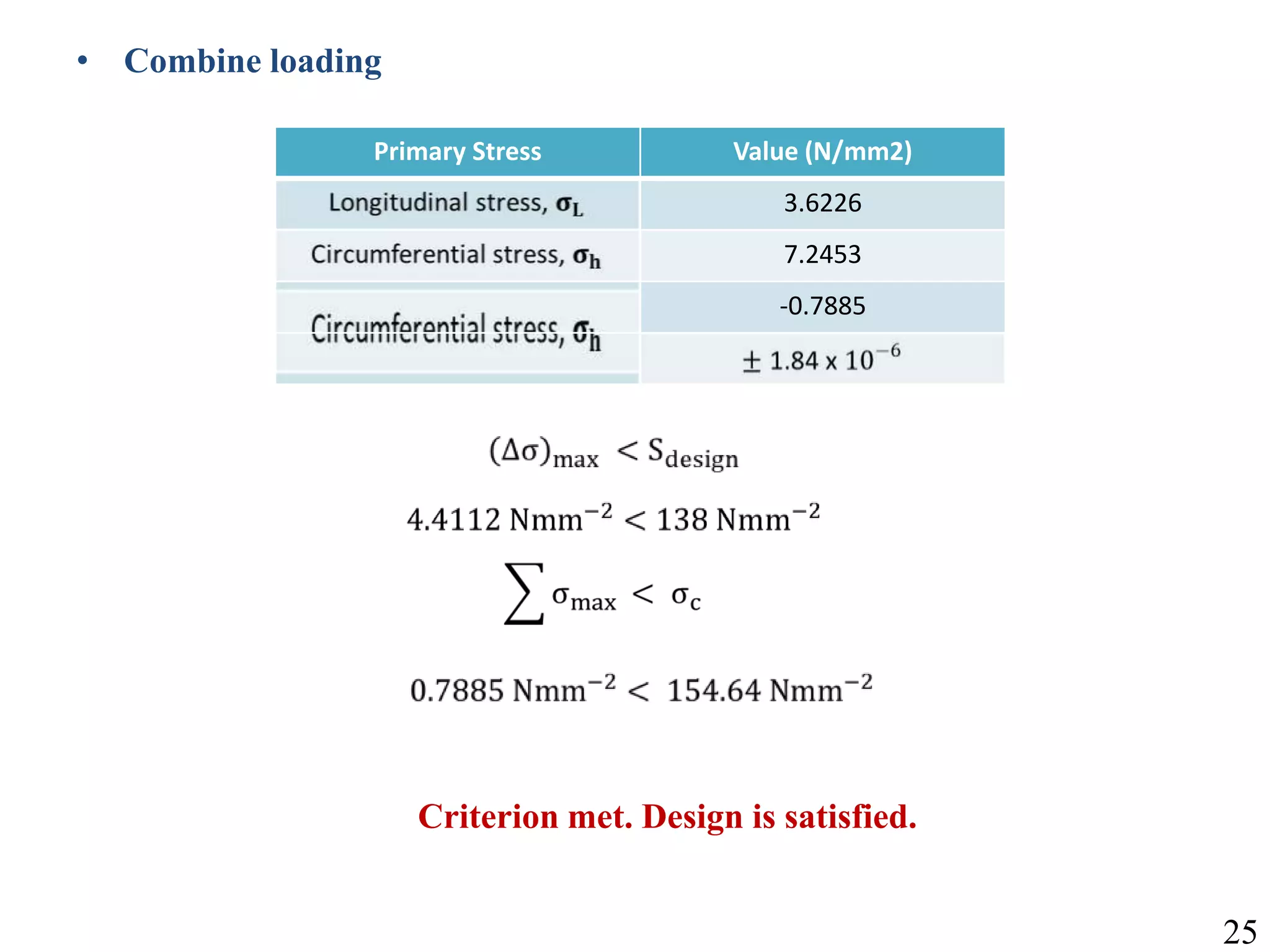 • Combine loading
Primary Stress Value (N/mm2)
3.6226
7.2453
-0.7885
Criterion met. Design is satisfied.
25
 