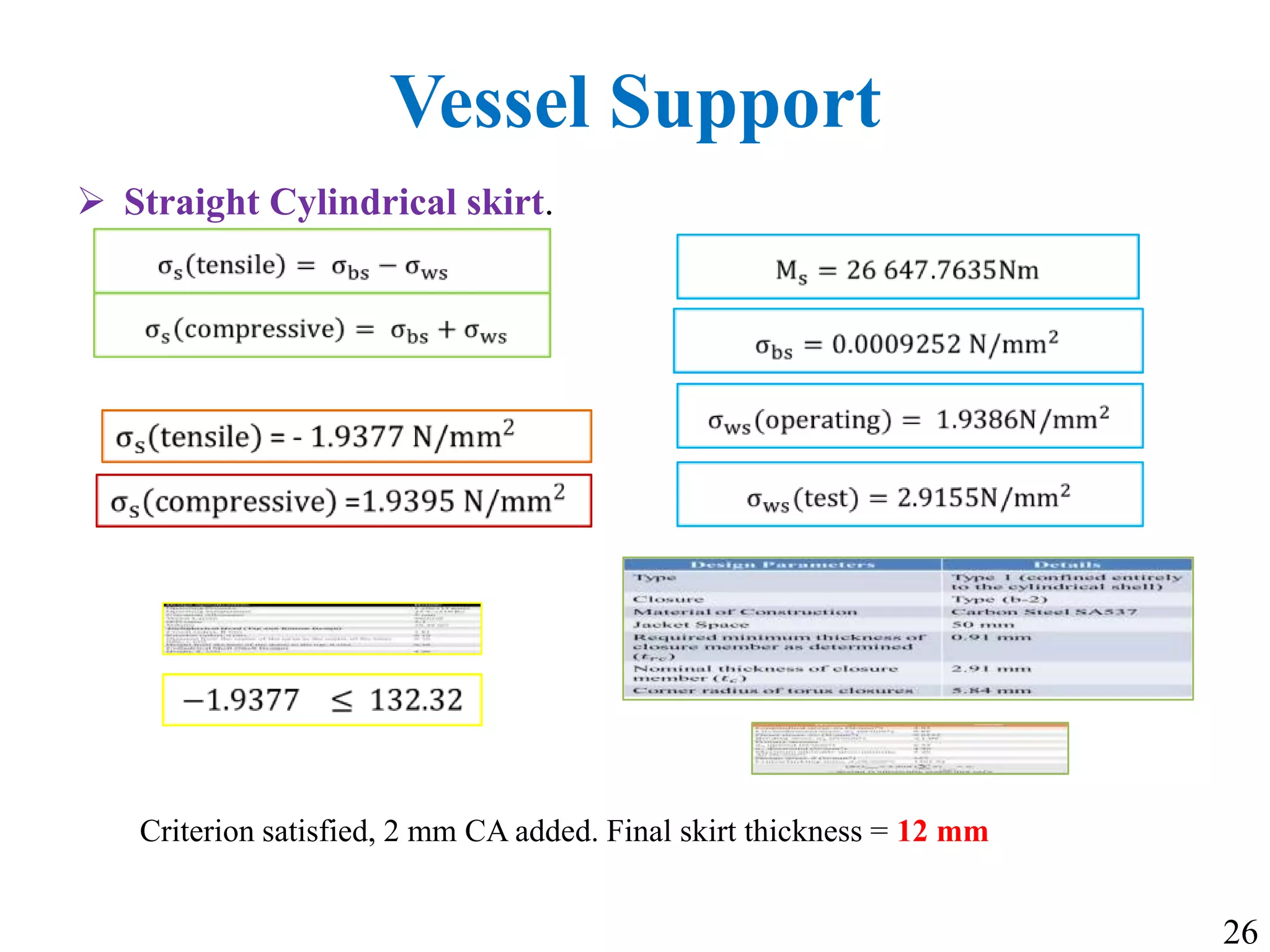 Vessel Support
 Straight Cylindrical skirt.
Criterion satisfied, 2 mm CA added. Final skirt thickness = 12 mm
26
 