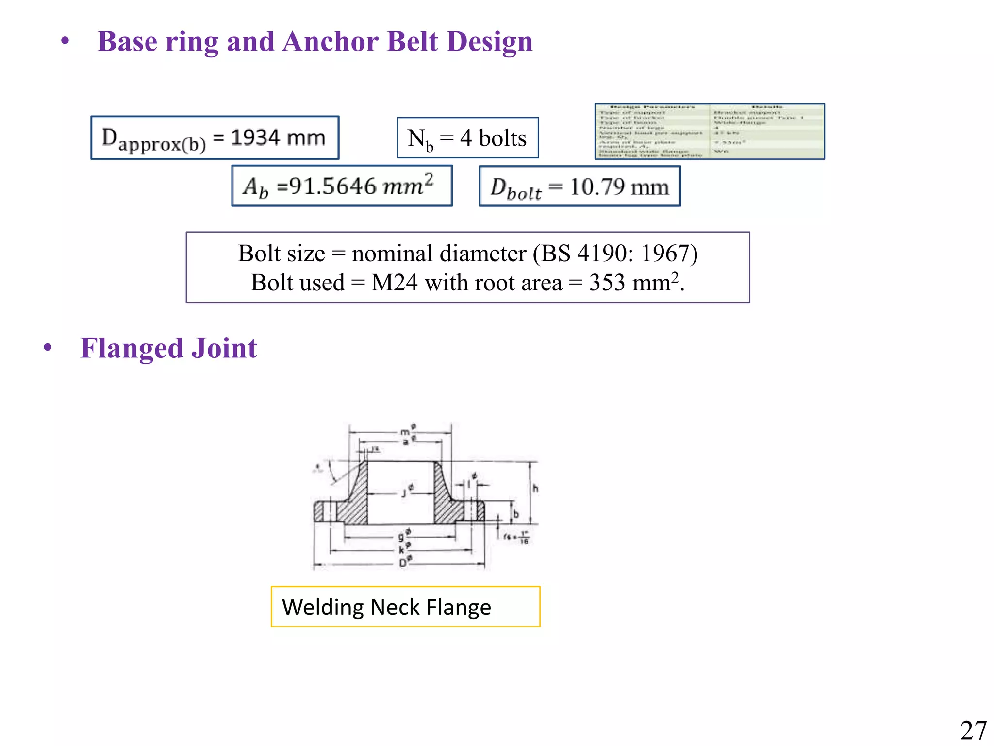 • Base ring and Anchor Belt Design
Nb = 4 bolts
Bolt size = nominal diameter (BS 4190: 1967)
Bolt used = M24 with root area = 353 mm2.
• Flanged Joint
Welding Neck Flange
27
 